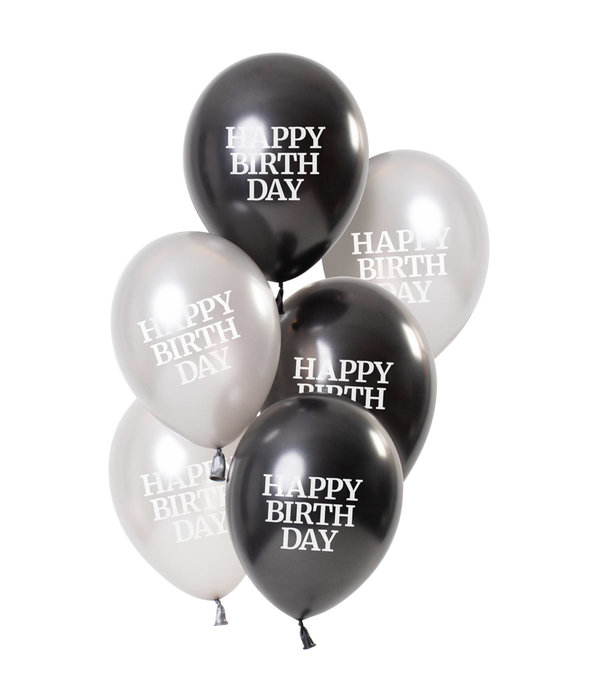 Ballonnen Happy Birthday Gloss Zwart/Zilver (6st)