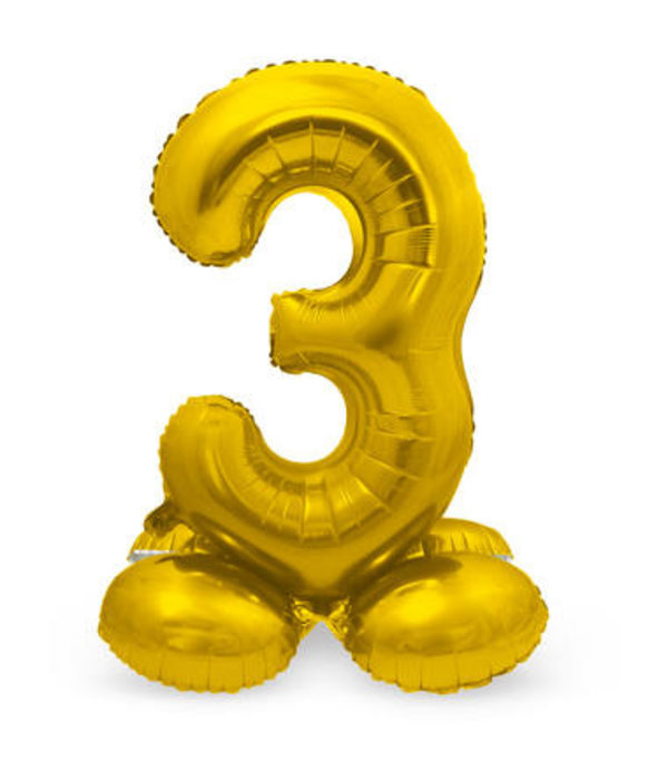 Goudkleurig  Folieballon  Cijfer 3 op Standaard (72 cm)