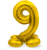Goudkleurig Folieballon Cijfer 9 Op Standaard   (72 cm)
