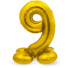 Goudkleurig Folieballon Cijfer 9 Op Standaard   (72 cm)