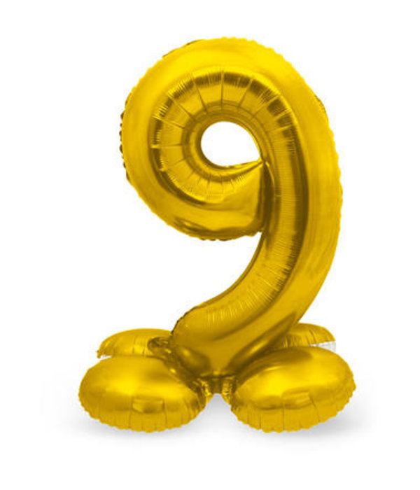 Goudkleurig Folieballon Cijfer 9 Op Standaard   (72 cm)