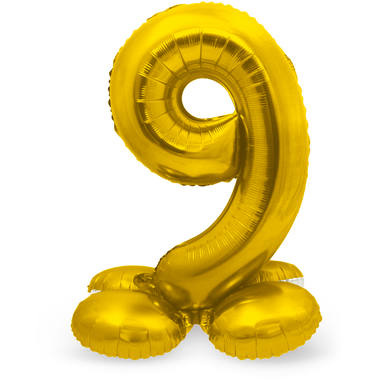 Goudkleurig Folieballon Cijfer 9 Op Standaard (72 cm)