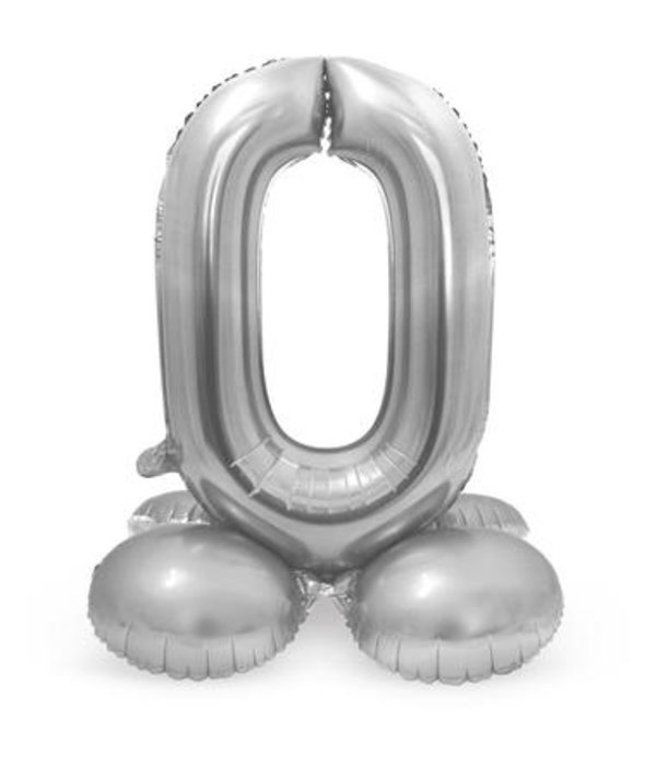 Zilverkleurig Folieballon Cijfer 0 Op Standaard  (72 cm)
