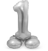 Zilverkleurig Folieballon Cijfer 1 Op Standaard (72 cm)
