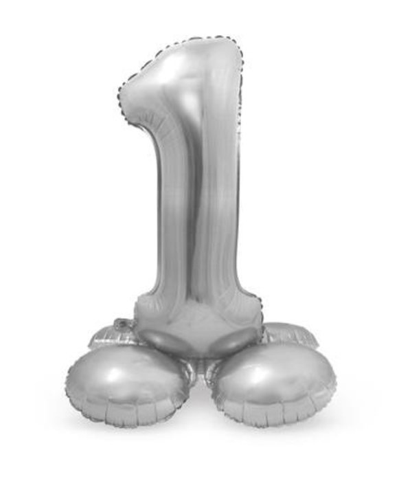 Zilverkleurig Folieballon Cijfer 1 Op Standaard (72 cm)