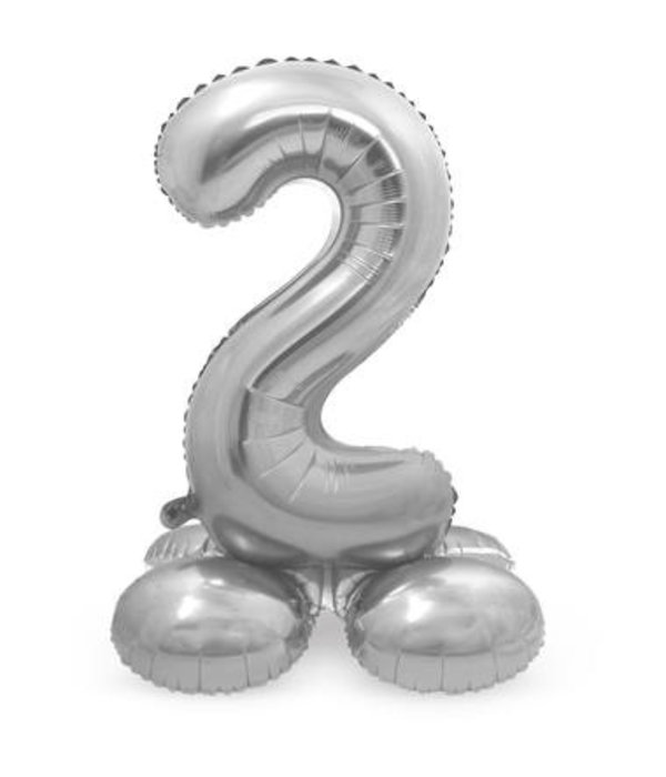 Zilverkleurig Folieballon Cijfer 2  Op Standaard (72 cm)