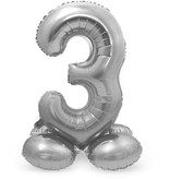 Zilverkleurig Folieballon Cijfer 3 Op Standaard (72 cm)