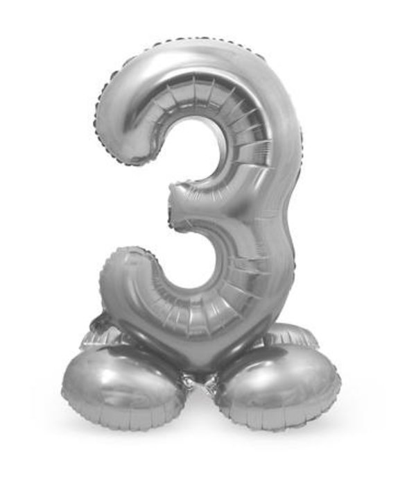 Zilverkleurig Folieballon Cijfer 3 Op Standaard (72 cm)