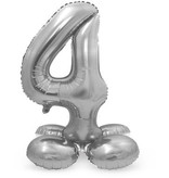 Zilverkleurig Folieballon Cijfer 4 Op Standaard (72 cm)