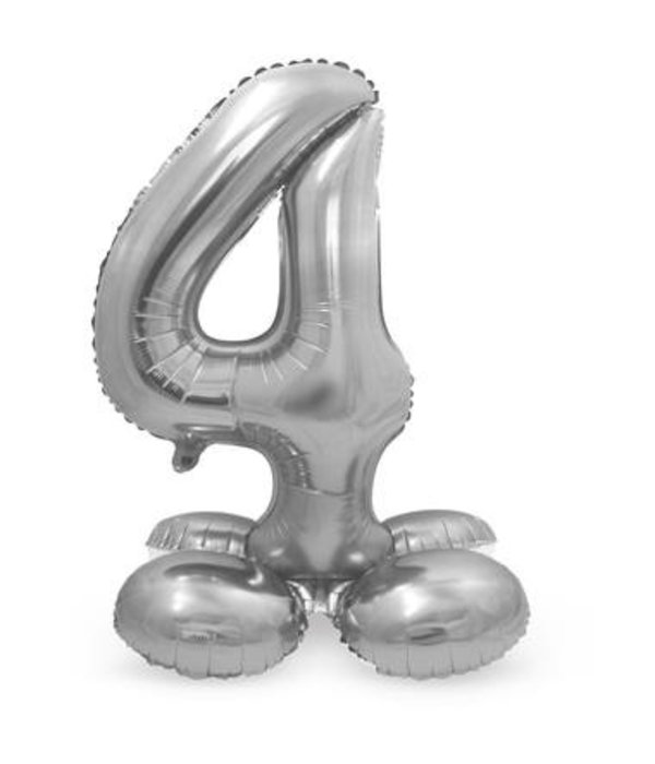 Zilverkleurig Folieballon Cijfer 4 Op Standaard (72 cm)