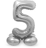 Zilverkleurig Folieballon Cijfer 5 Op Standaard (72 cm)