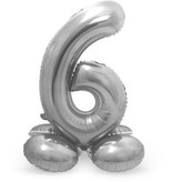Zilverkleurig  Folieballon  Cijfer 6 Op Standaard (72 cm)