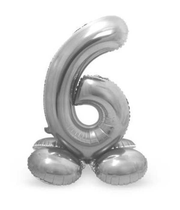 Zilverkleurig  Folieballon  Cijfer 6 Op Standaard (72 cm)