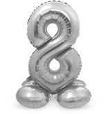 Zilverkleurig Folieballon Cijfer 8 Op Standaard (72 cm)