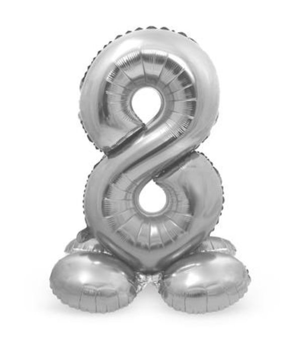Zilverkleurig Folieballon Cijfer 8 Op Standaard (72 cm)