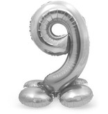 Zilverkleurig Folieballon Cijfer 9 Op Standaard (72 cm)