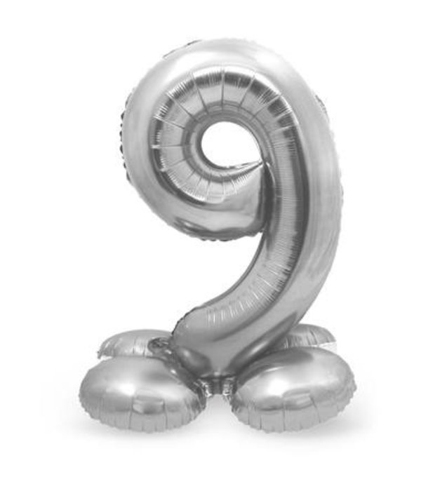 Zilverkleurig Folieballon Cijfer 9 Op Standaard (72 cm)