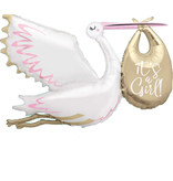 Folieballon Ooievaar 'It's a Girl' Jumbo (157cm)