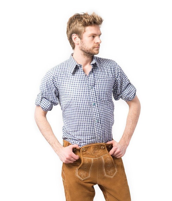 Trachten Blouse Blauw/wit Slimfit