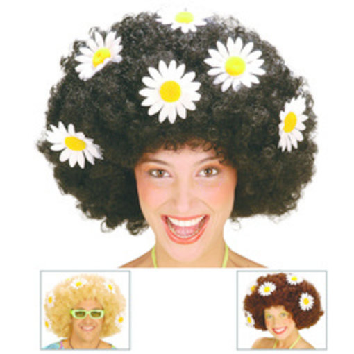 Krulpruik Daisy zwart oversized met bloemen