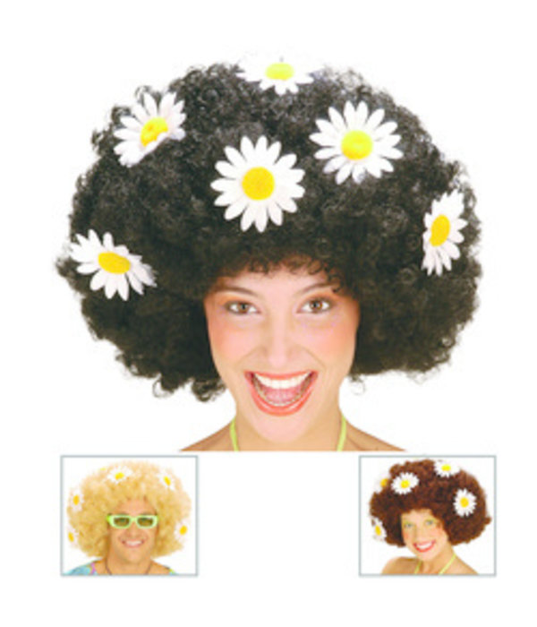 Krulpruik Daisy zwart oversized met bloemen