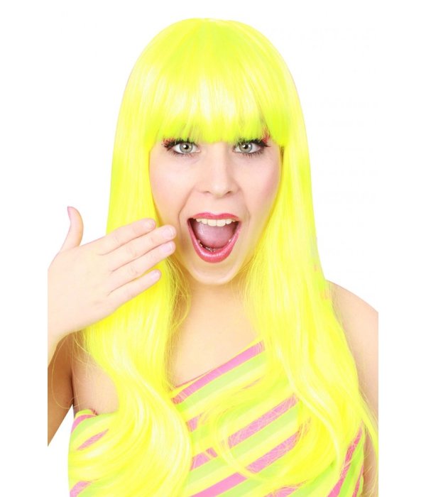 Pruik Trendy Valley lang fluorgeel