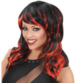Pruik lang golvend haar zwart/rood