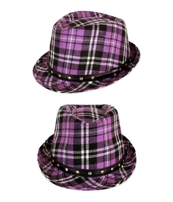 Hoed kojak schotse ruit paars