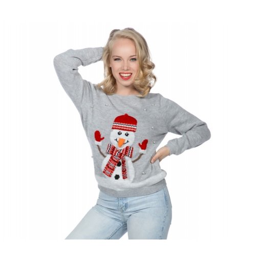 Kersttrui Dames Grijs Snowman Met Parels