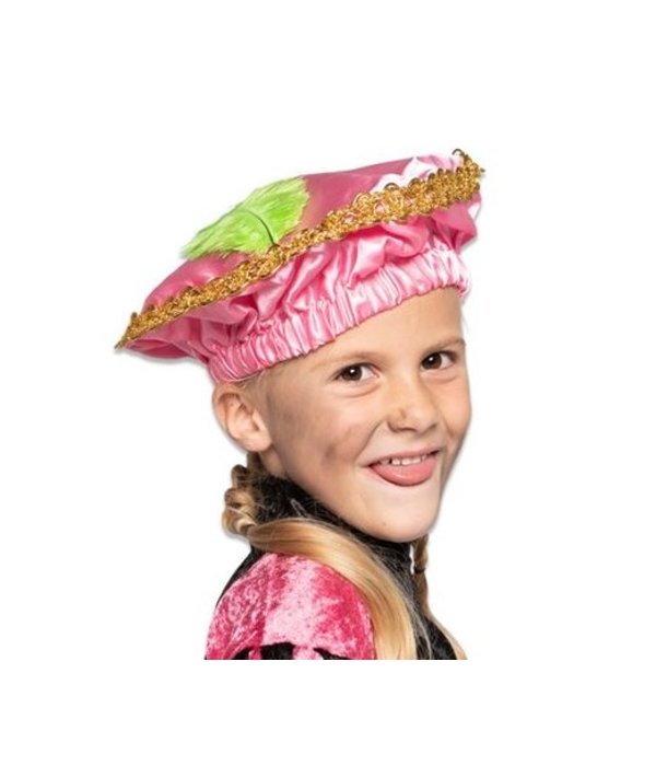 Pietbaret satijn roze met veer