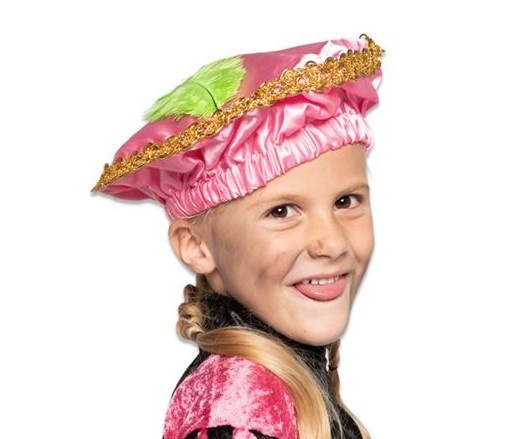 Pietbaret satijn roze met veer afbeelding