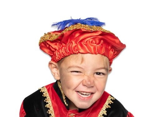 Pietbaret satijn rood met veer afbeelding
