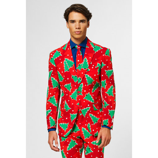 Opposuits Maatpak Rood Met Kerstbomen