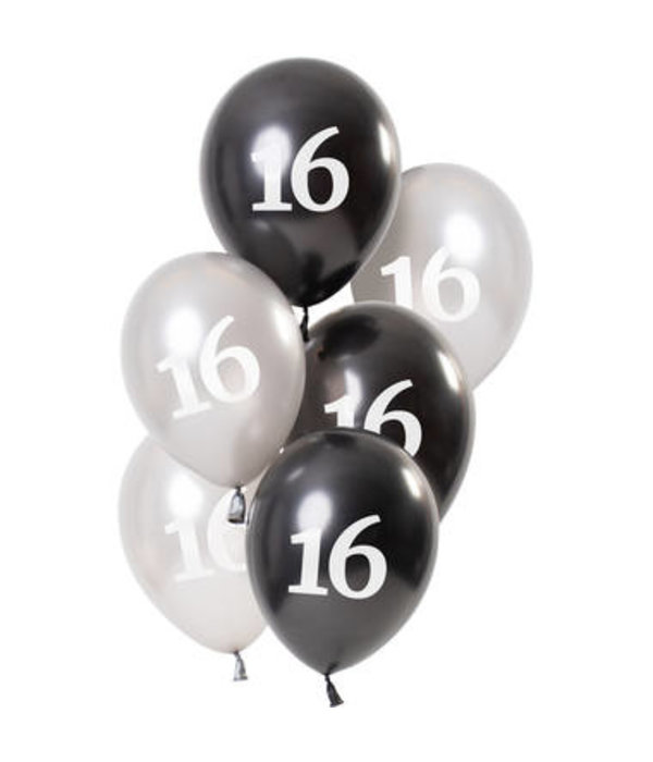Ballonnen 16 Jaar Zwart/Zilver (6st)