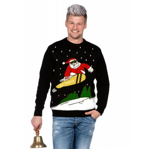 Kersttrui zwart snowboard Santa