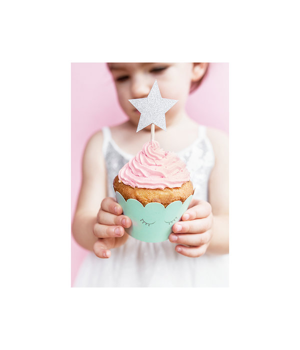 Cupcake toppers Zilveren Sterren Glitter (6st)
