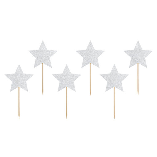 Cupcake toppers Zilveren Sterren Glitter (6st)