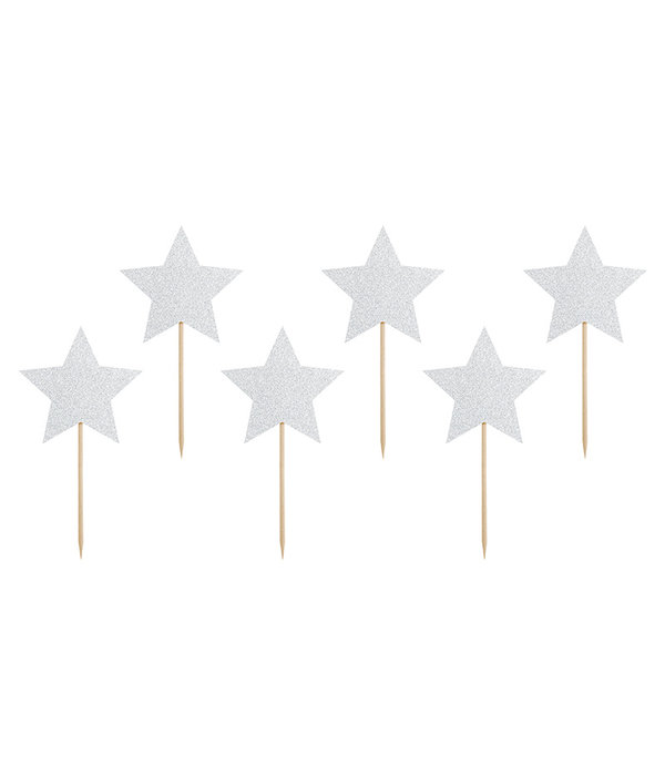 Cupcake toppers Zilveren Sterren Glitter (6st)