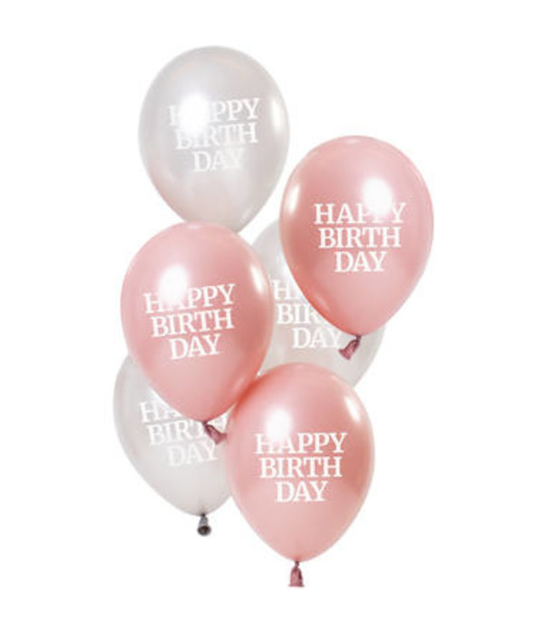 Ballonnen Glossy Pink 'Happy Birthday' (6st)