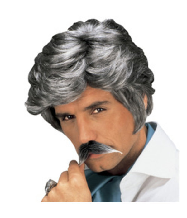 Pruik Playboy met snor grijs