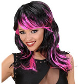 Pruik lang golvend haar zwart/roze