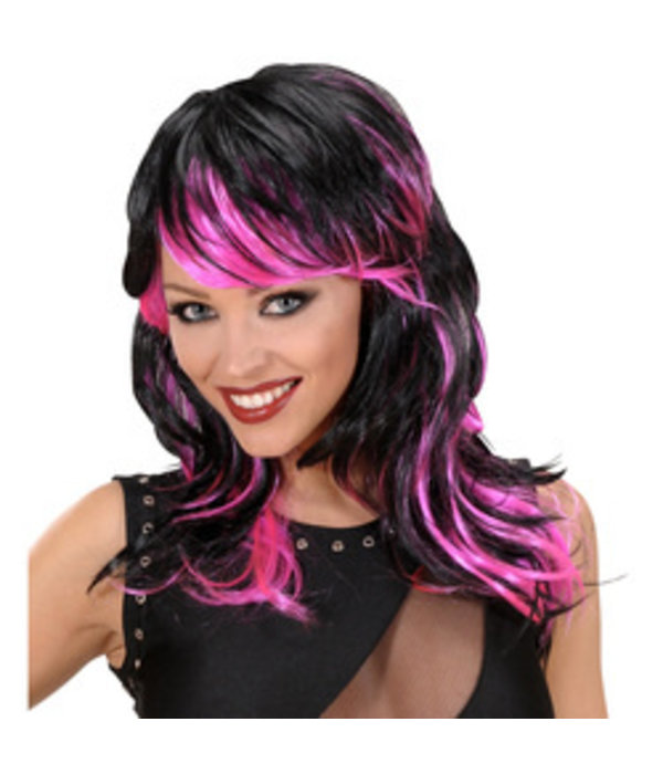 Pruik lang golvend haar zwart/roze