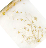 Vanille Creme Organza op Rol Gouden Bloemen (9m x 0.36m)