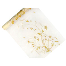 Vanille Creme Organza op Rol Gouden Bloemen (9m x 0.36m)
