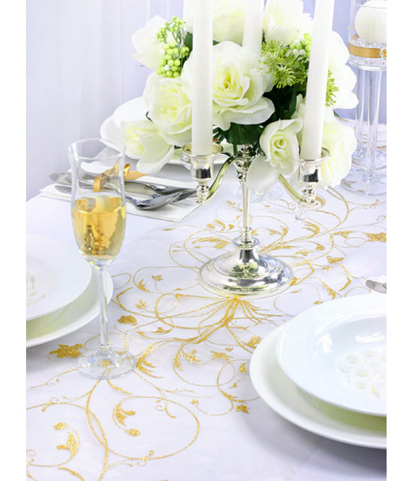 Vanille Creme Organza op Rol Gouden Bloemen (9m x 0.36m)