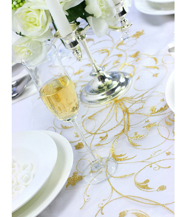 Vanille Creme Organza op Rol Gouden Bloemen (9m x 0.36m)