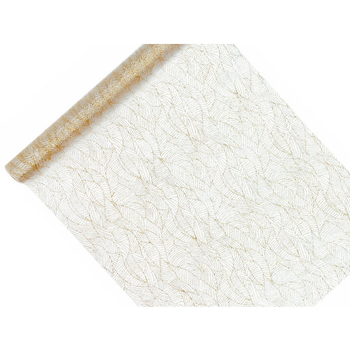 Witte Organza op Rol Gouden Bladeren (9m x 0.48m)