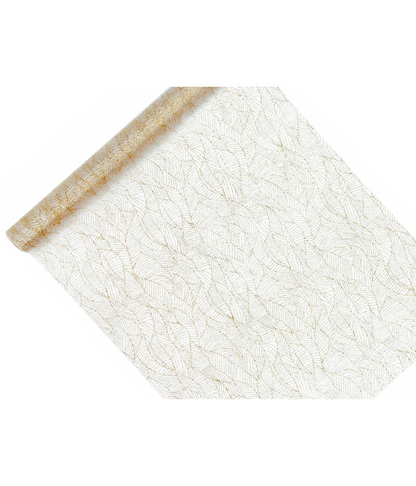 Witte Organza op Rol Gouden Bladeren (9m x 0.48m)