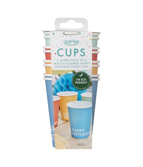 Feestbekers 'Happy Birthday' mixkleur (8st)