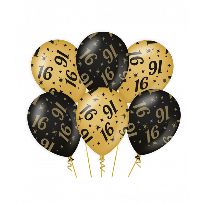 Classy Ballonen 16 Jaar Zwart/Goud (6st) afbeelding